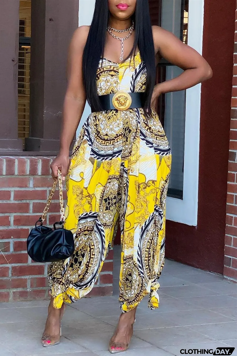 Yellow Sexy Casual Print Backless Spaghetti Strap Loose Jumpsuits