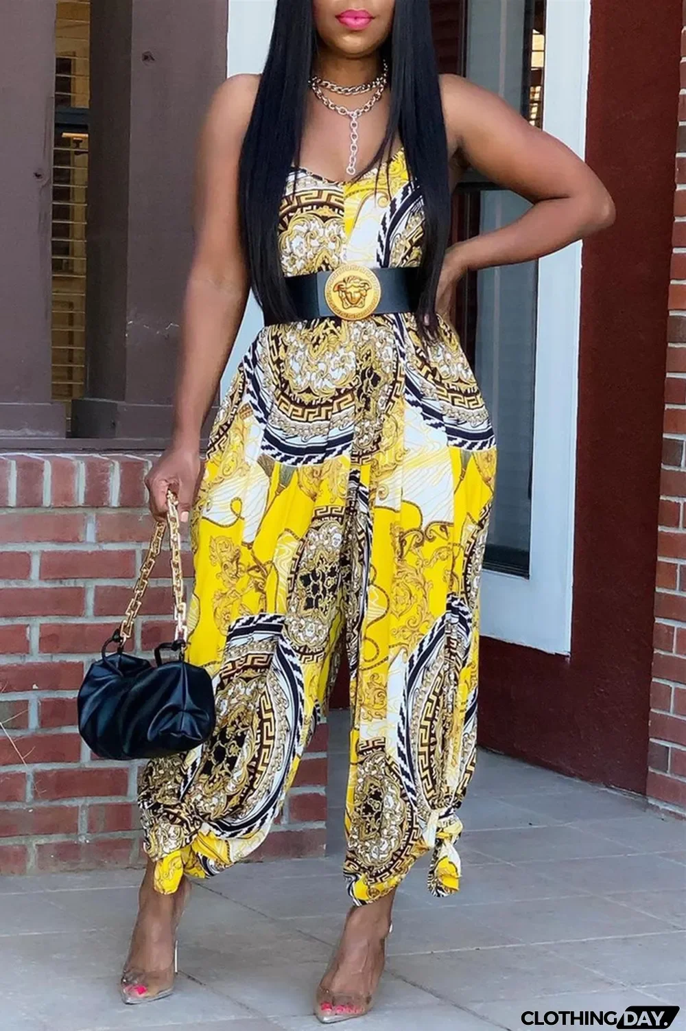 Yellow Sexy Casual Print Backless Spaghetti Strap Loose Jumpsuits