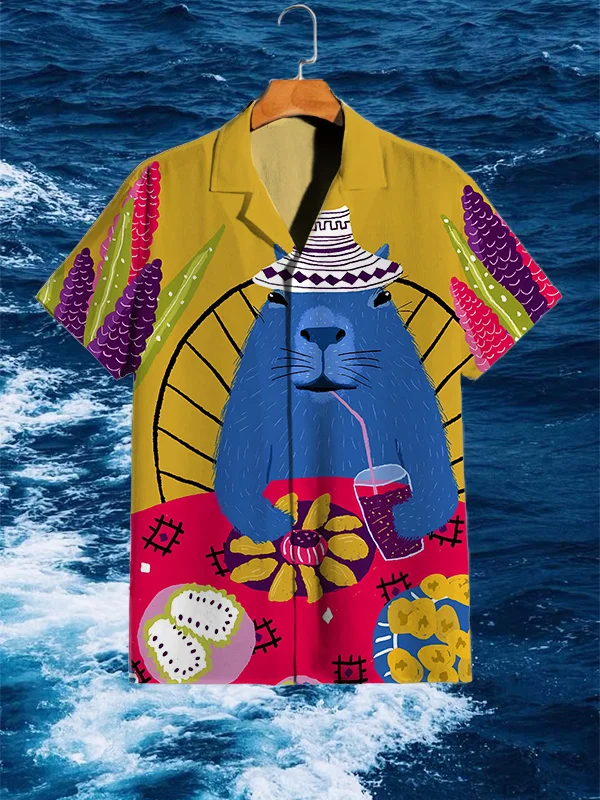 Men's Vacation Style Animal Afternoon Tea Print Shirt