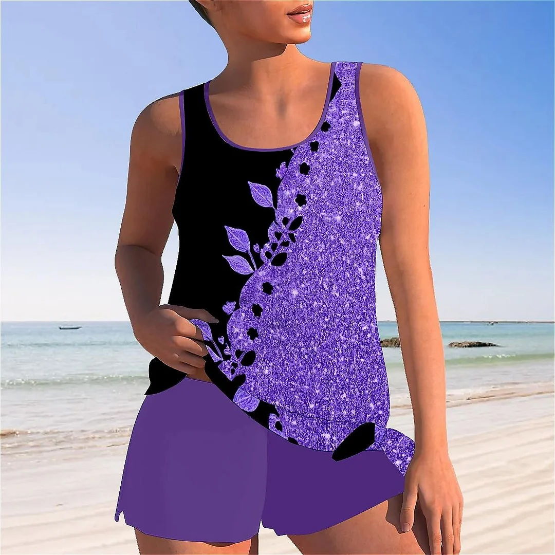 Bowknot Purple,Floral,Glitter Mid Waisted Tankini Set - Plus Size Available