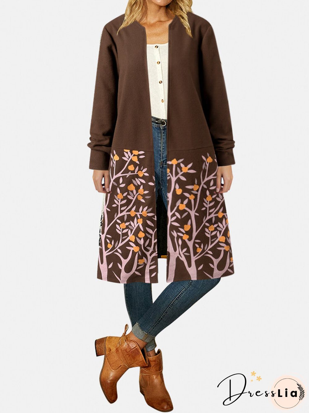 Vintage Flower Print Long Sleeves Casual Coats For Women