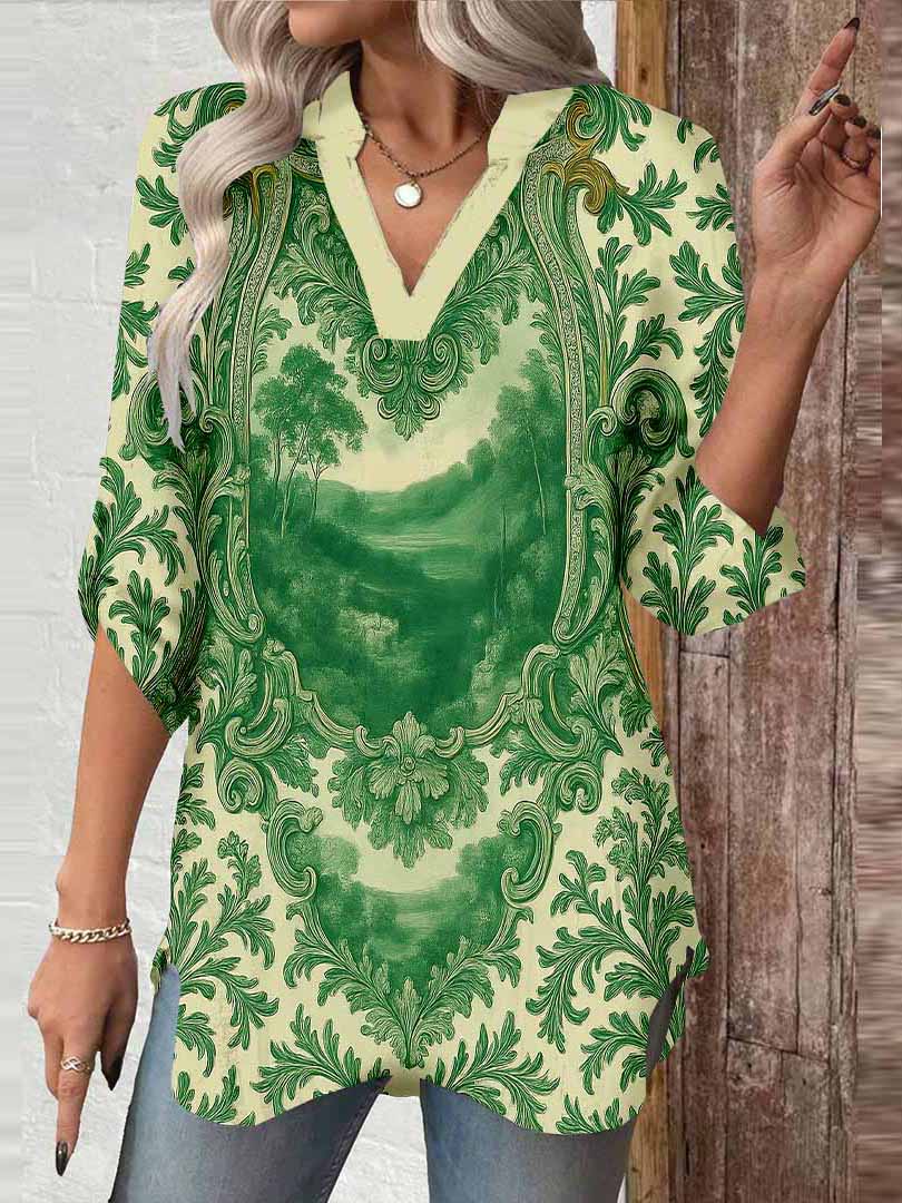 Women Retro, Green DZGA0175 3/4 Sleeve V-neck Printed Graphic Button Tops