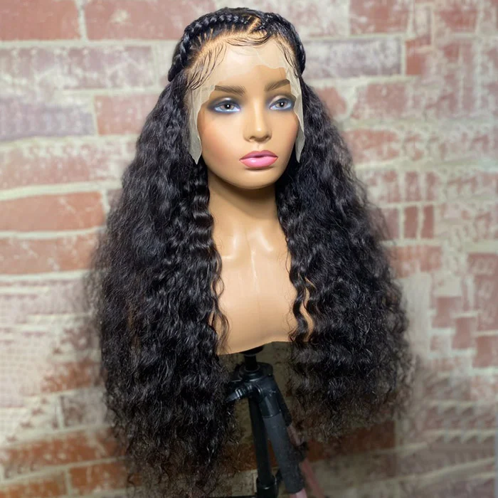 WeQueen 28 Inches 13x4 Half Braids Water Wave S-Part Lace Frontal Wigs 200% Density-100% Human Hair
