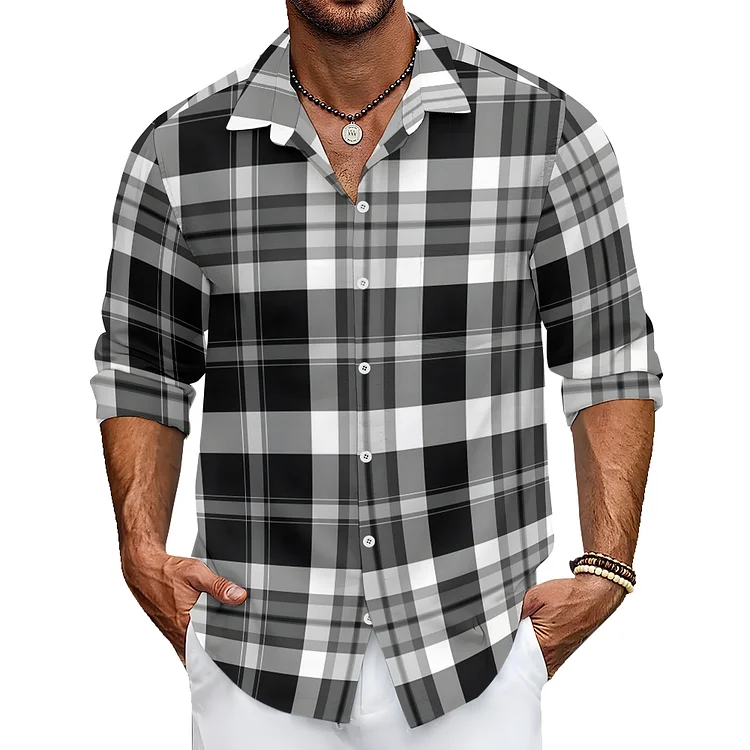 Men's Shirt Black And White Checkered Loose Casual Collar Trendy Jacket Shirt