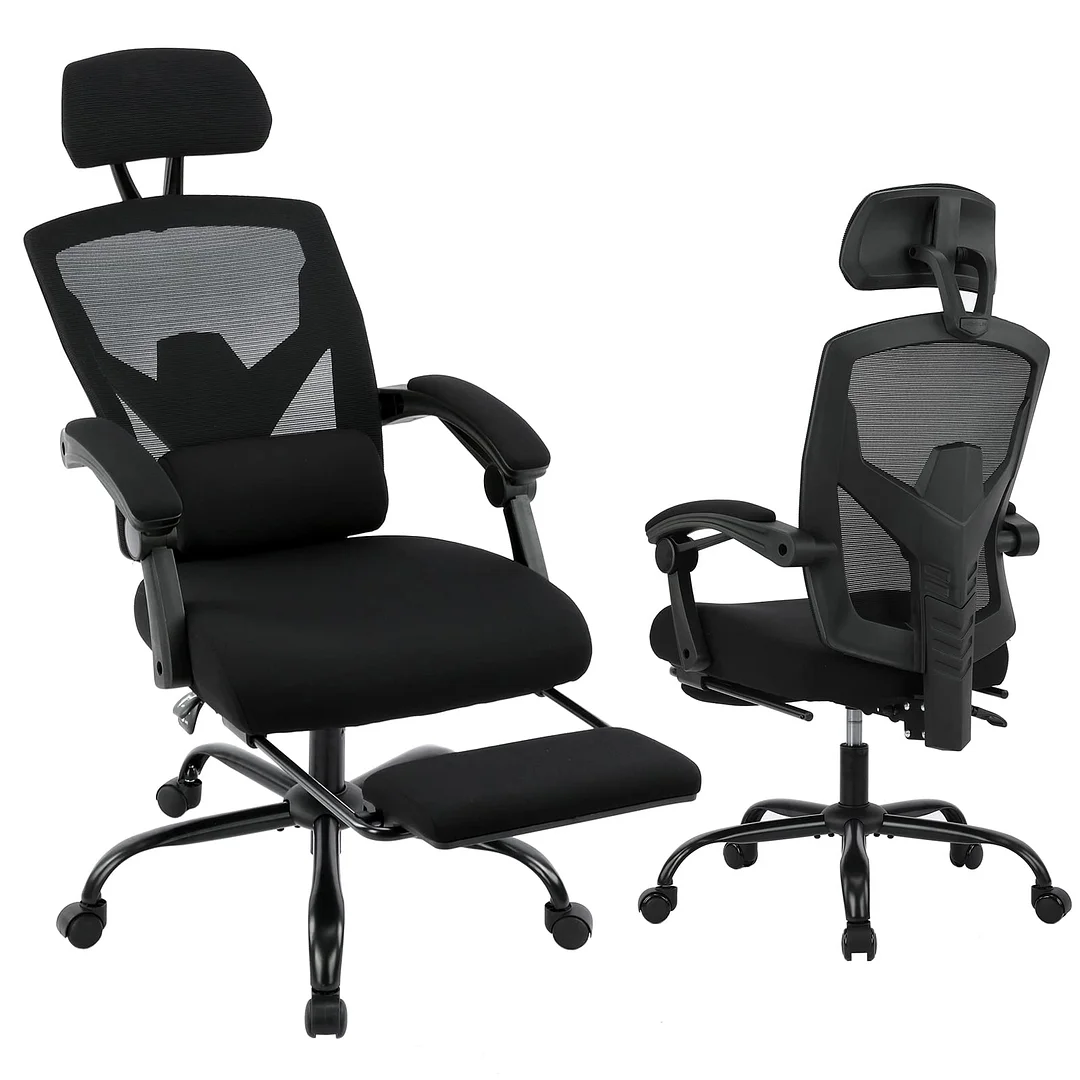 Ergonomic Office Chair Reclining Office Chair with Foot Rest, High Back Computer Desk Chair Mesh Swivel Rolling Task Chair with Lumbar Support Pillow, Adjustable Headrest, Padded Armrests