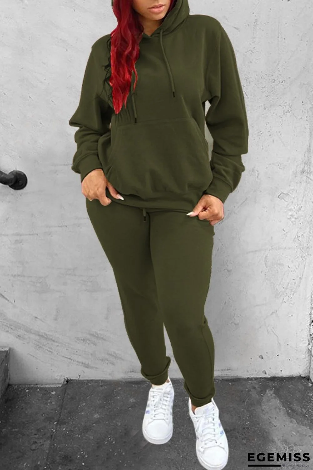 Army Green Casual Solid Patchwork Hooded Collar Long Sleeve Two Pieces | EGEMISS