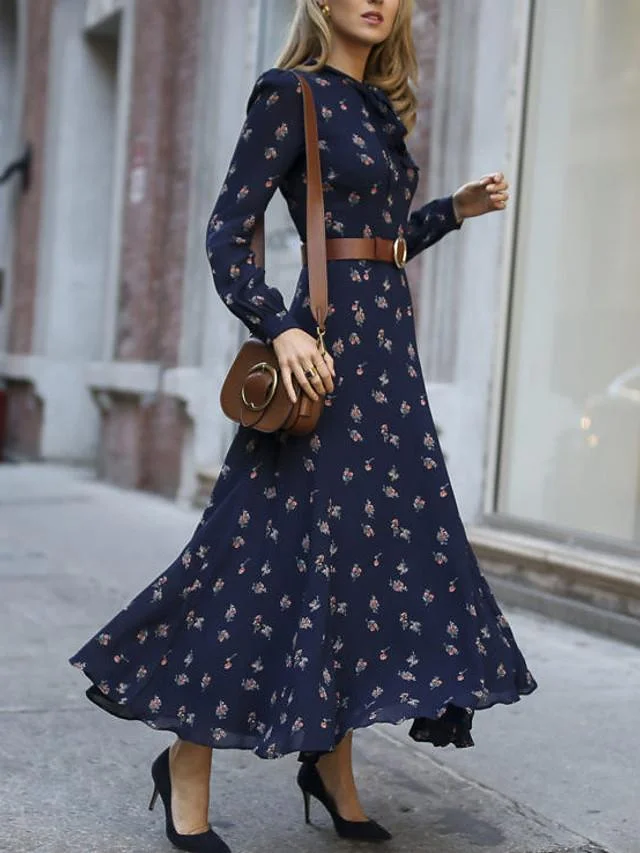 Women's Sheath Dress Maxi Long Dress - Long Sleeve Print Spring Summer Elegant Daily Blue