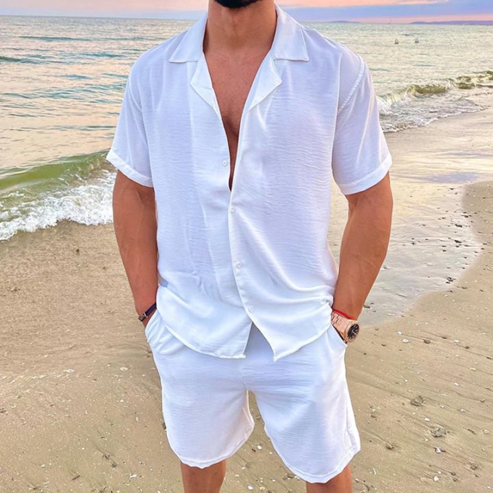 BrosWear Solid Color Beach Short Sleeve Shirt and Shorts Two Piece Set