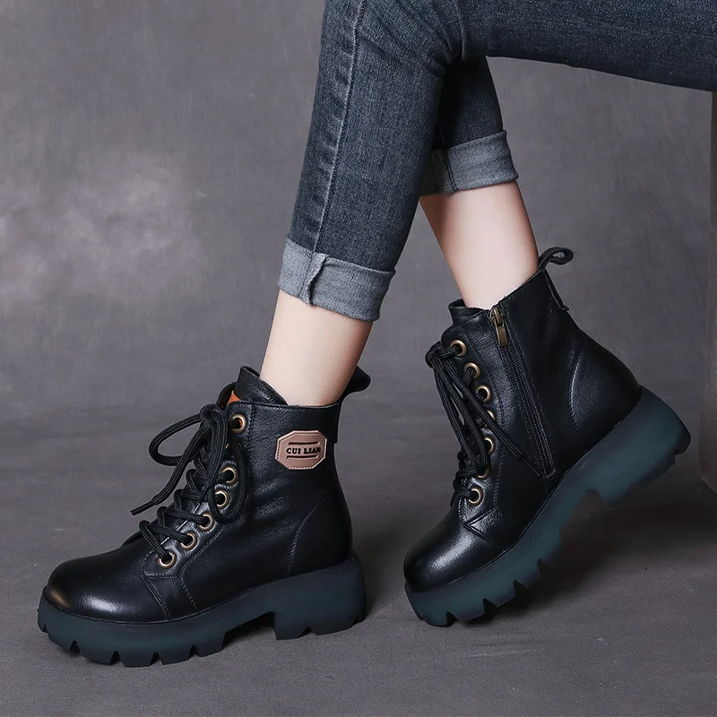 Yyvonne Handmade Martin Boots Women Winter New Tape Heightening Single Boots Coarse And Stylish Handsome Leather Boots
