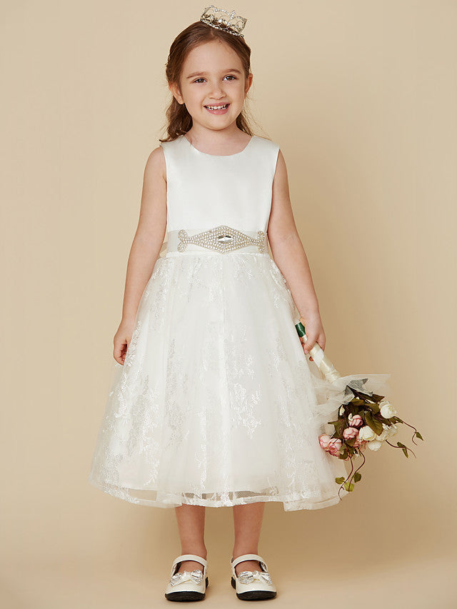 Oknass Princess Sleeveless Scoop Neck Flower Girl Dresses  Lace Satin  With Sash  Ribbon  Bow
