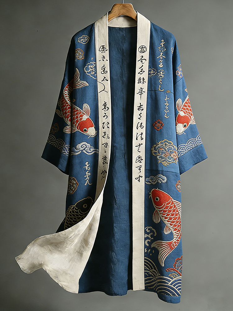 Men's Japanese Koi Embroidered Patchwork Vintage Cotton Linen Kimono  artssus