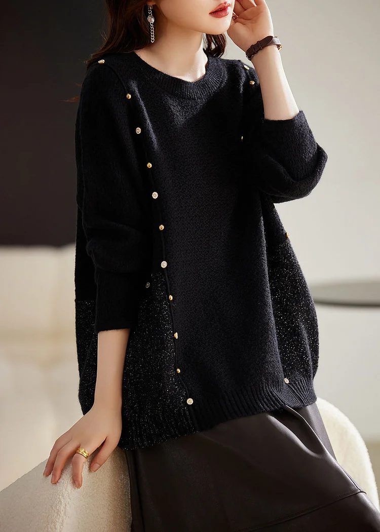 French Black O-Neck Patchwork Cozy Cotton Knit Sweater Winter