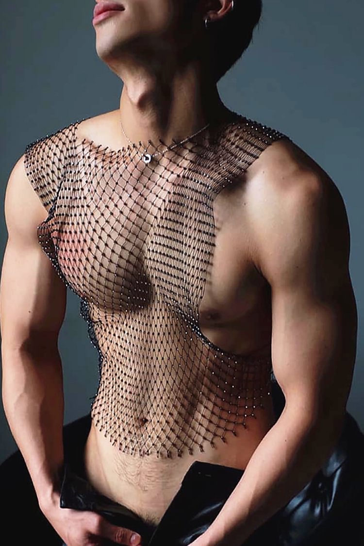Men's Fishing Net Grid Flash Drilling Cut Out Round Neck Tank Top