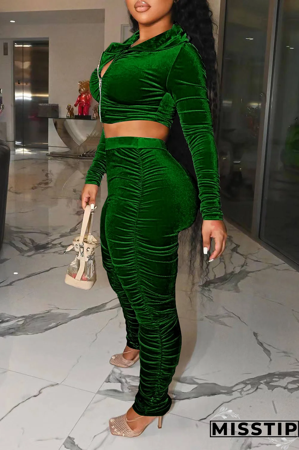 Black Street Solid Fold Hooded Collar Long Sleeve Two Pieces