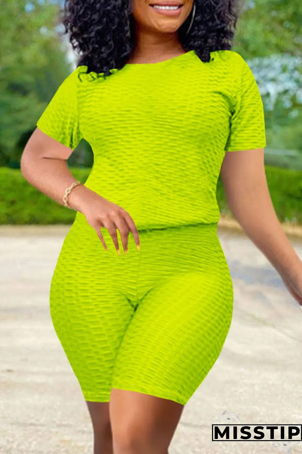 Fluorescent Red Fashion Casual Solid Basic O Neck Short Sleeve Two Pieces