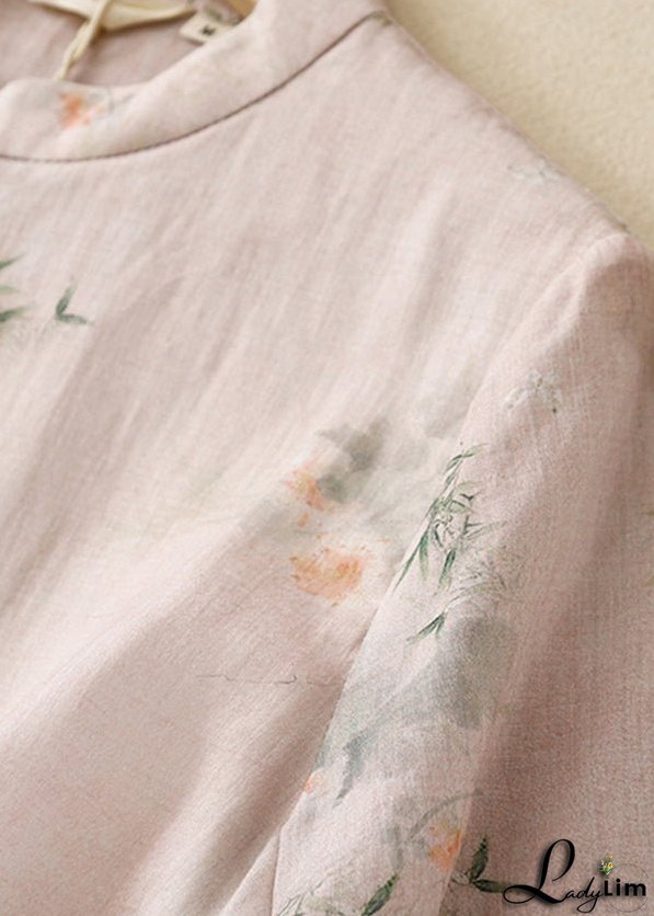 Casual Versatile Pink Stand Collar Print Cotton Shirts Summer