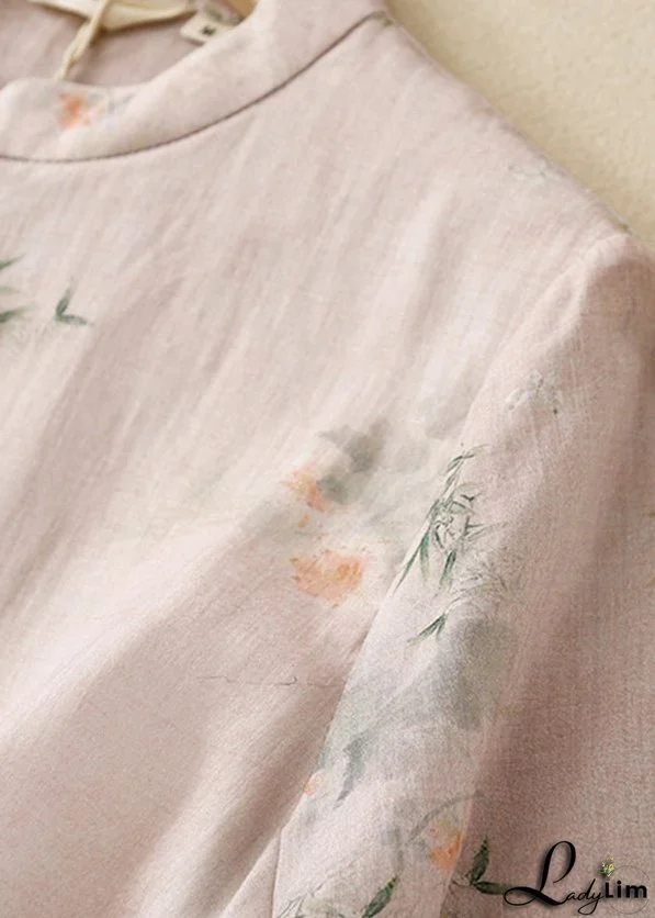 Casual Versatile Pink Stand Collar Print Cotton Shirts Summer