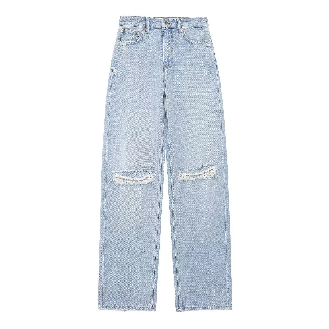 Women's 2024 Casual High Waist Wide Leg Ripped Denim Jeans
