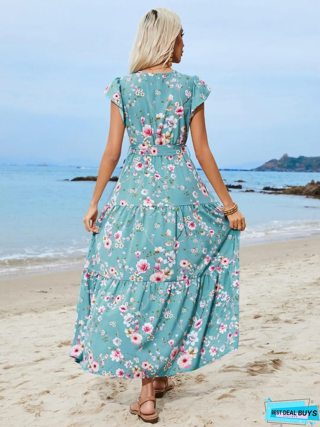 Ruffled Printed Surplice Cap Sleeve Midi Dress