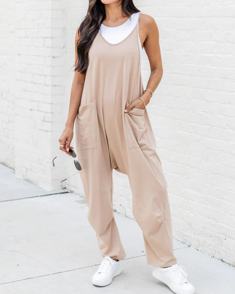 Strap Sleeveless V Neck Side Pockets Loose Jumpsuit
