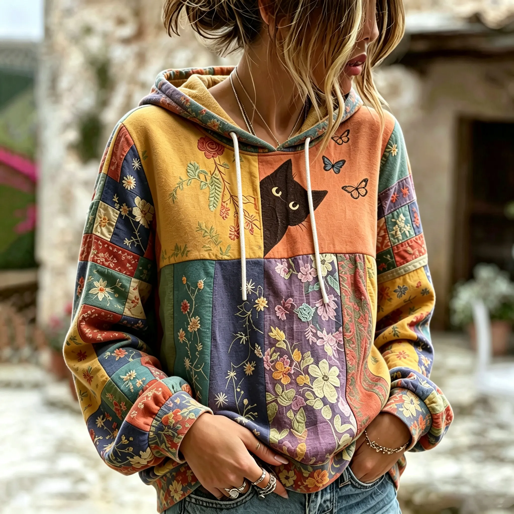 Comstylish Women's Hippie Black Cat Art Print Round Neck Long Sleeve Sweatshirt