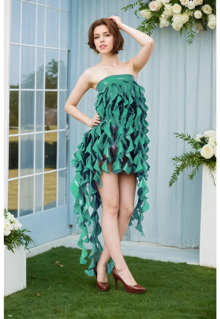 Women Latex Dress Curled Fringe Tube Top Dress