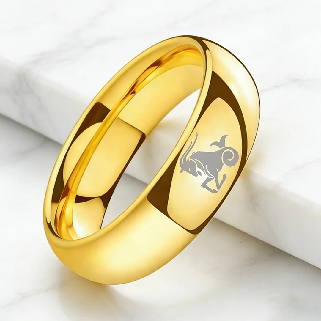 4MM 6MM 8MM Gold Capricorn Tungsten Carbide Rings Prints Laser Design Domed Top Tungsten Wedding Bands