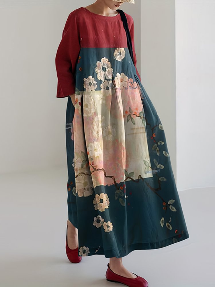 Vintage Japanese Art Sakura Print Casual Midi Dress