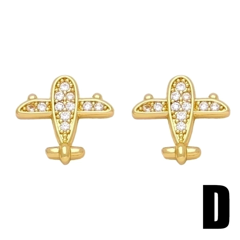 1 Pair Cute Sweet Ice Cream Notes Airplane Plating Inlay Copper Zircon 18k Gold Plated Ear Studs