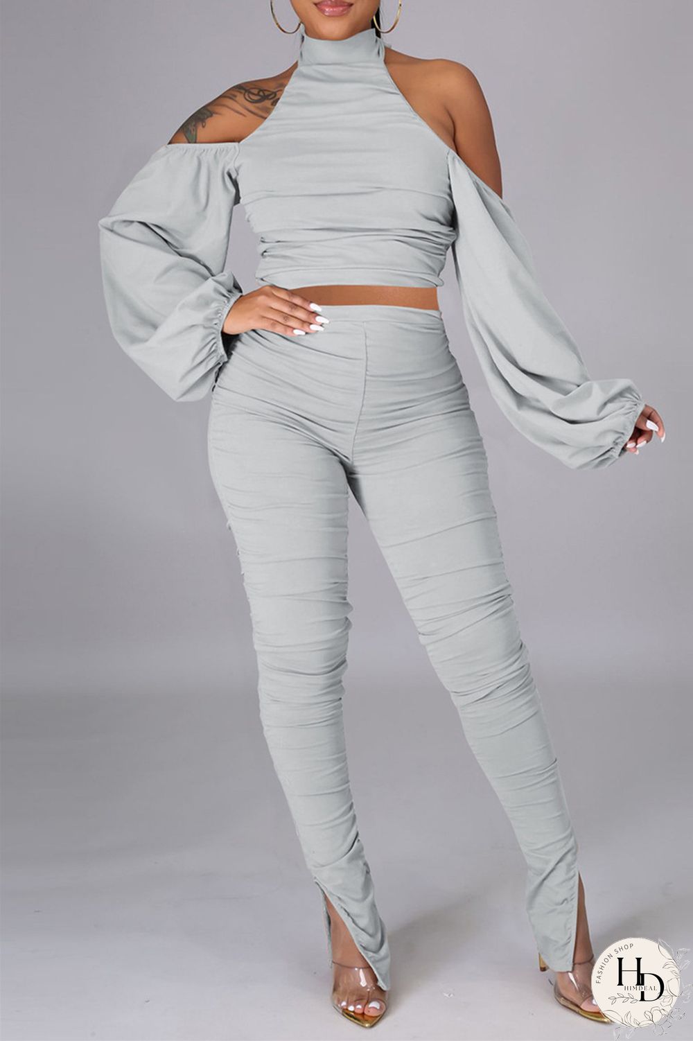 Pink Sexy Solid Bandage Backless Fold Turtleneck Long Sleeve Two Pieces