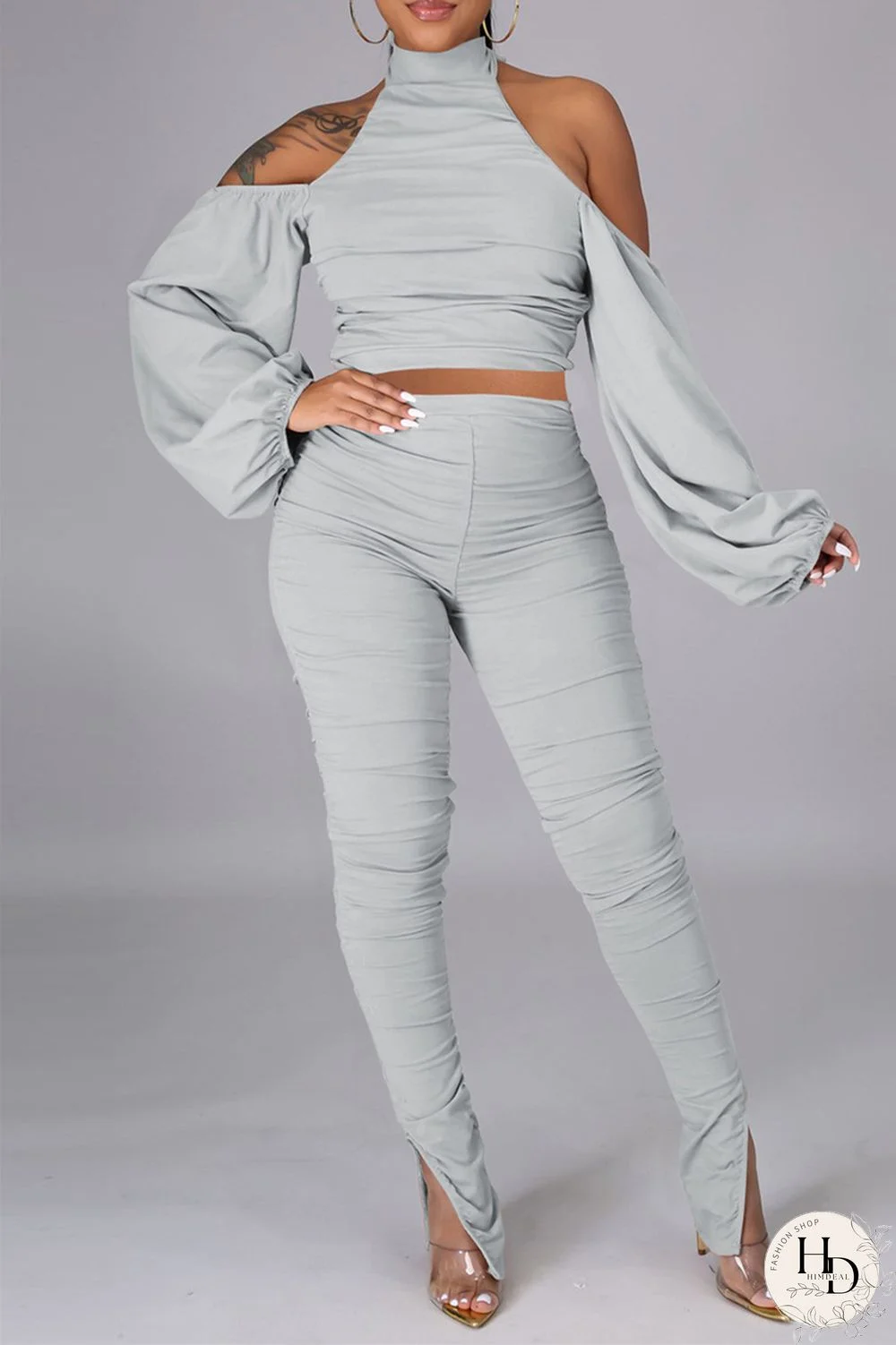 Light Gray Sexy Solid Bandage Backless Fold Turtleneck Long Sleeve Two Pieces