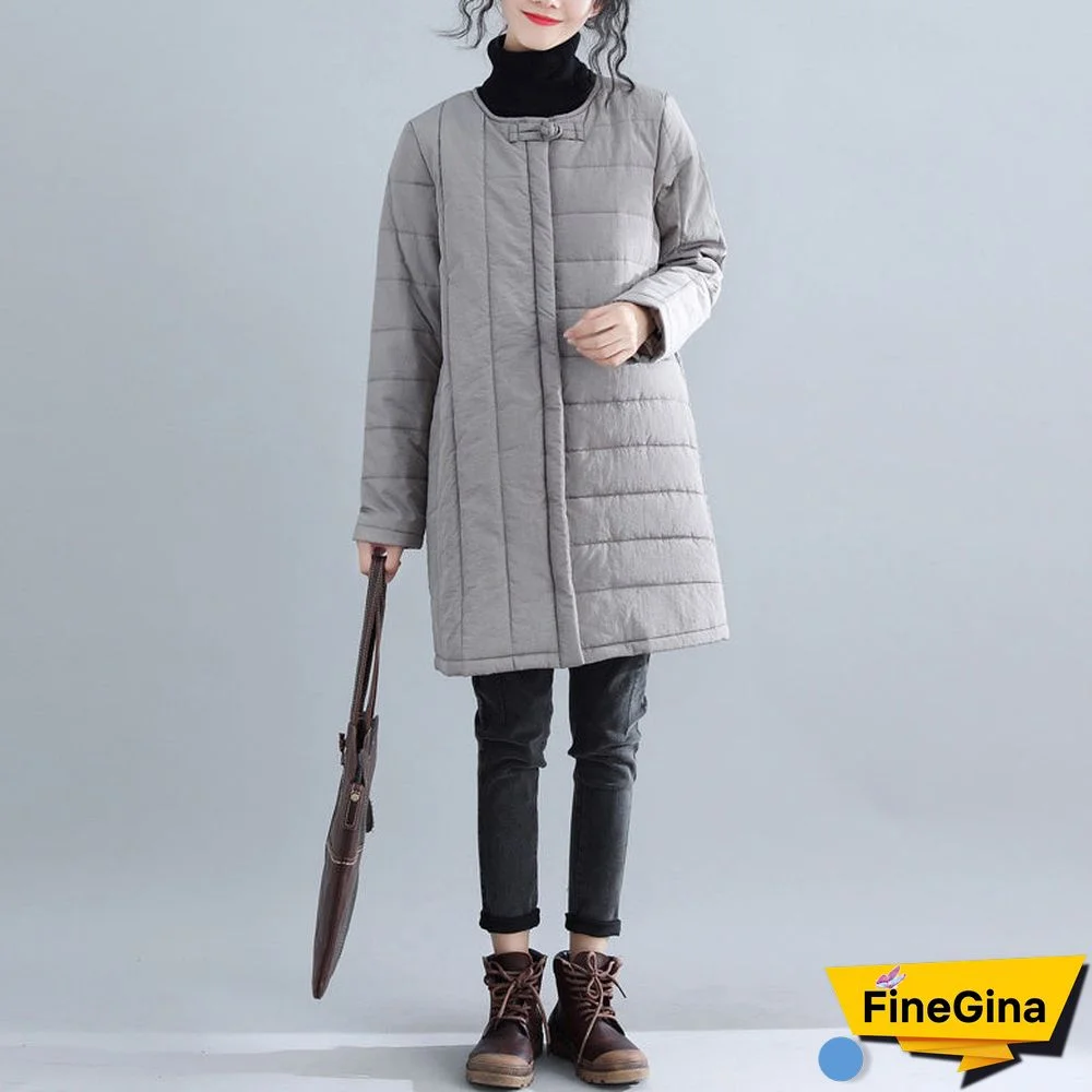 New gray Parkas Loose fitting o neck snow jackets Elegant Chinese Button winter outwear