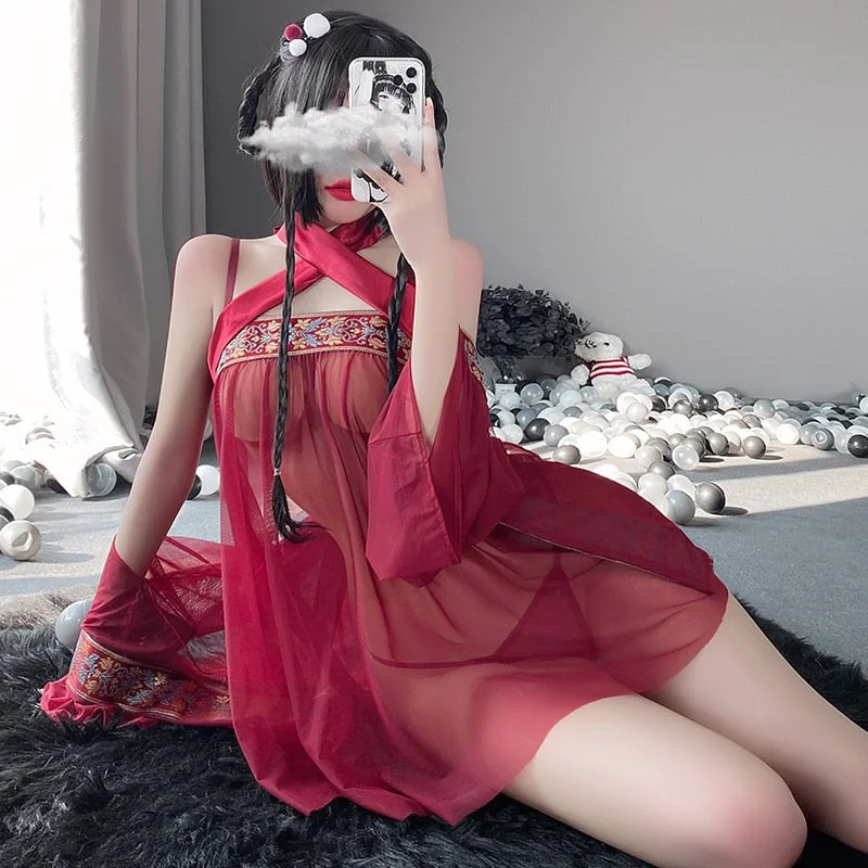 OJBK Chinese Traditional Costumes Sexy Lingerie Mesh Nightgowns Chiffon Women Classical Embroidery Nightdress Adult Outfit Sets