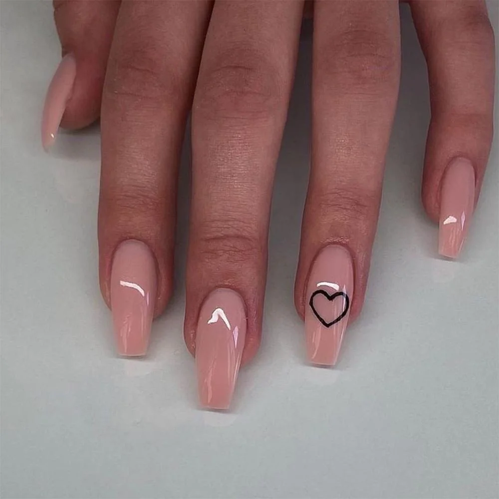 24Pcs Middle Length Ballerina Nude Pink Color False Nails Design With Heart Pattern DIY Artificial Fake Nails With Press Glue