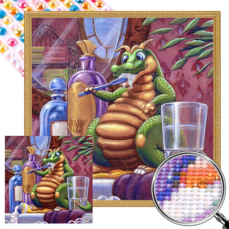 Brushing Teeth Little Green Dragon 50*50CM (Canvas) Full AB Round Drill Diamond Painting gbfke