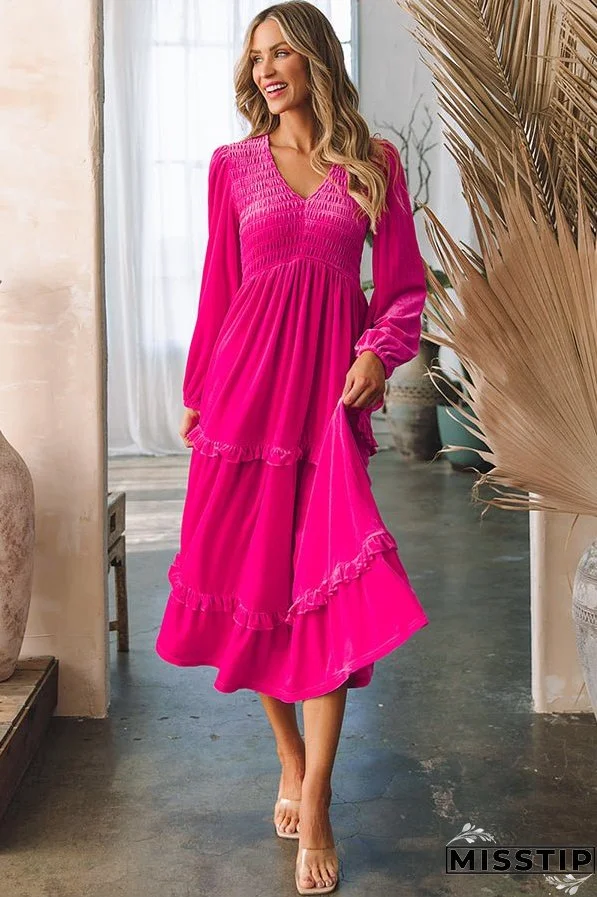 Shirred V Neck Long Sleeve Velvet Dress