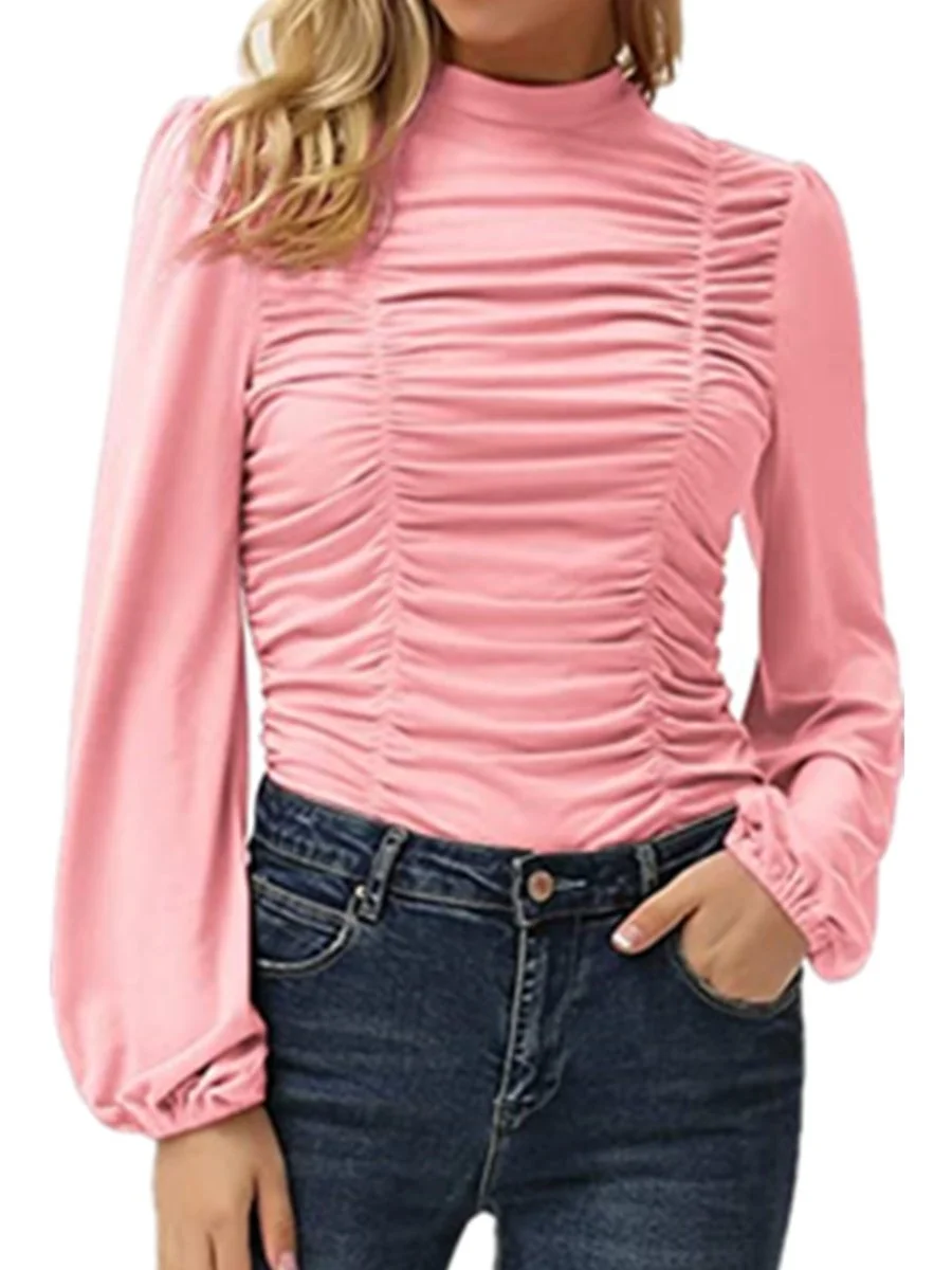 Women's Blouse Lantern Sleeve Ruched Front High Neck Slim Fit Tops
