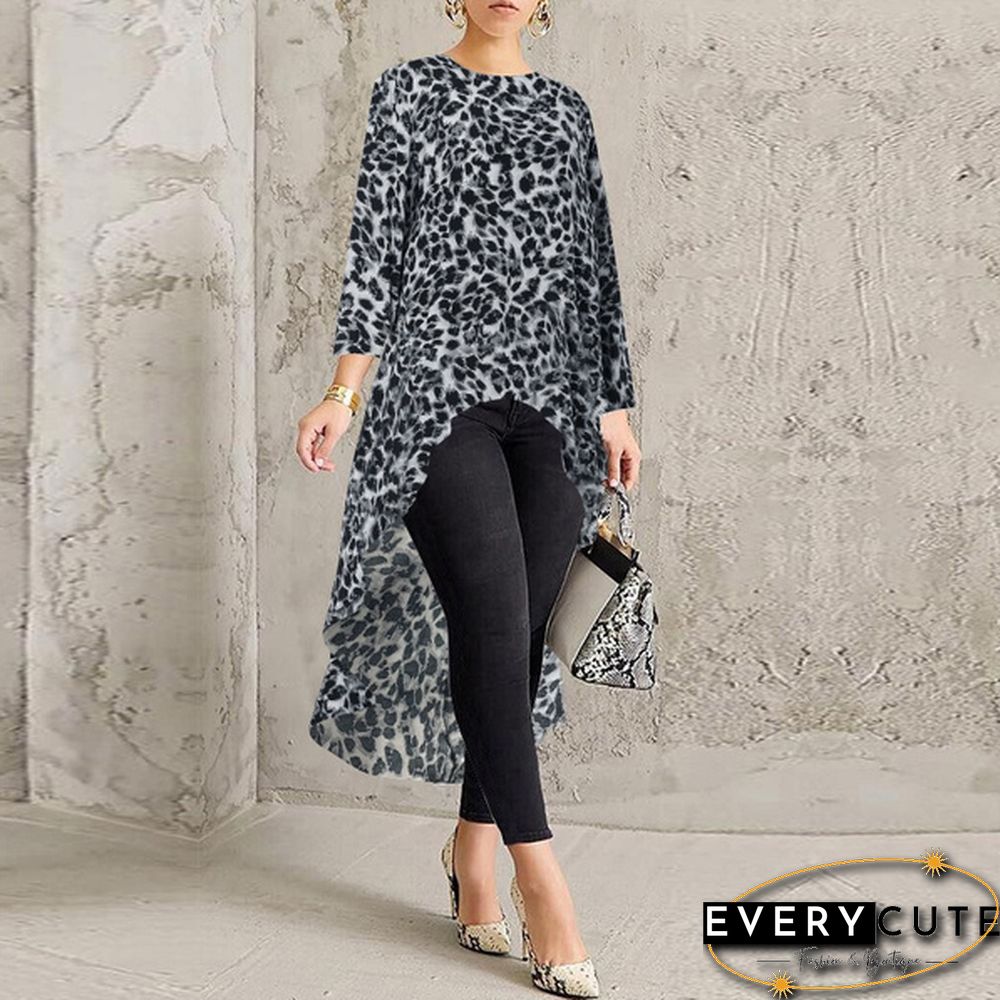 Fashion Women Leopard High Low Tops Crew Neck Long Sleeve Spring Baggy Blouses Chemisier