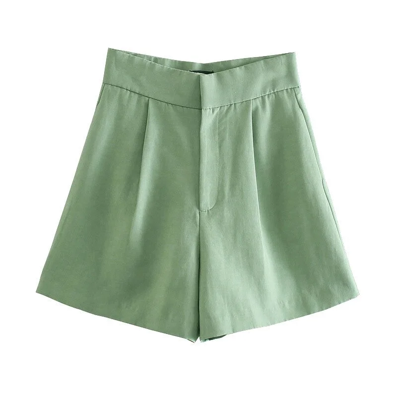 TRAF Women Chic Fashion Side Pockets Linen Bermuda Shorts Vintage High Waist Zipper Fly Female Short Pants Mujer