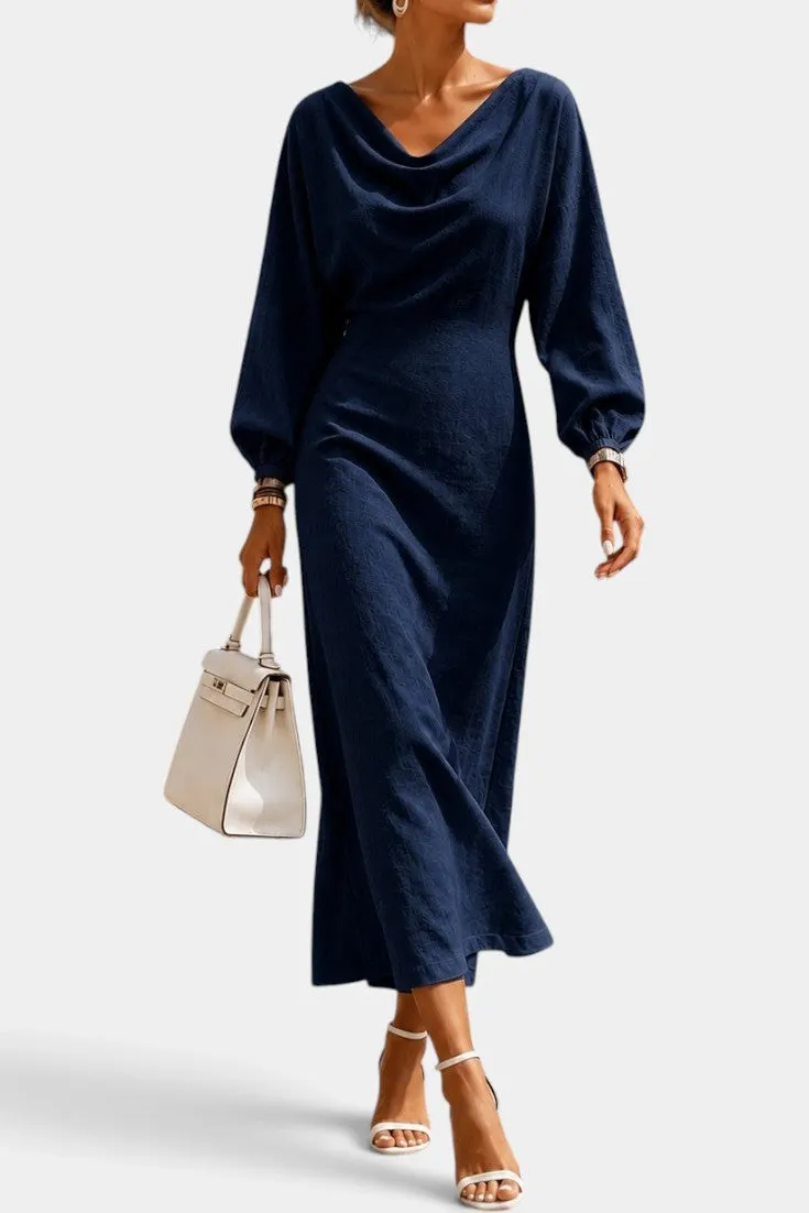 Draped Waterfall Neckline Midi Dress with Long Sleeves