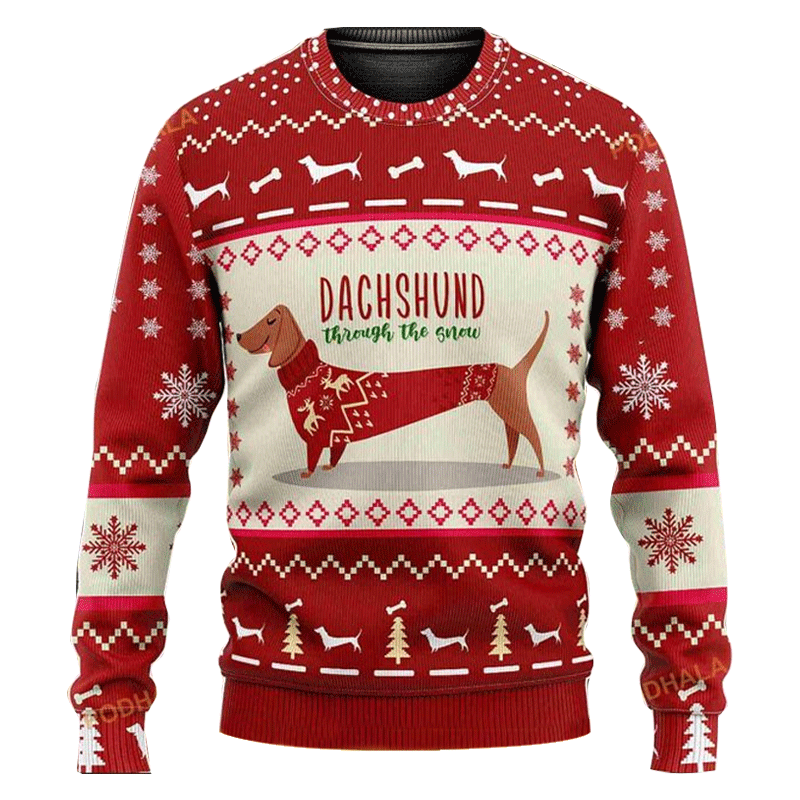 Unisex 3D Dachshund Through The Snow Christmas Funny Ugly Sweatshirt