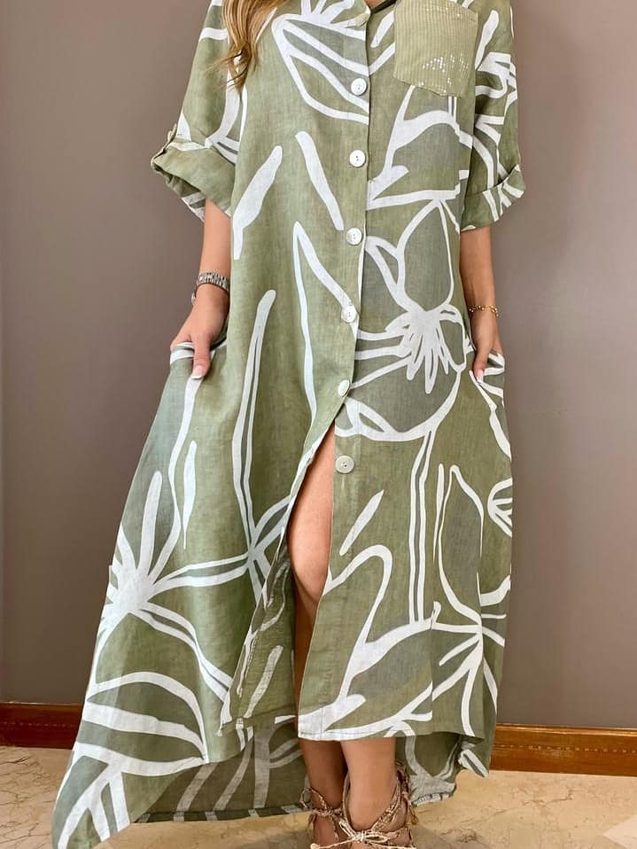 Casual Print Lapel Button Dress