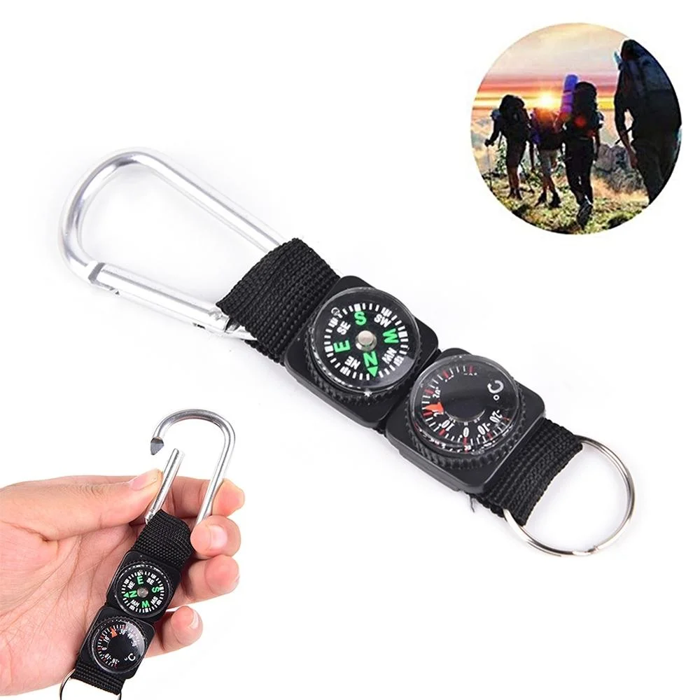 3 in 1 Camping Climbing Hiking Mini Carabiner with Keychain Compass Thermometer Hanger Key Ring Black