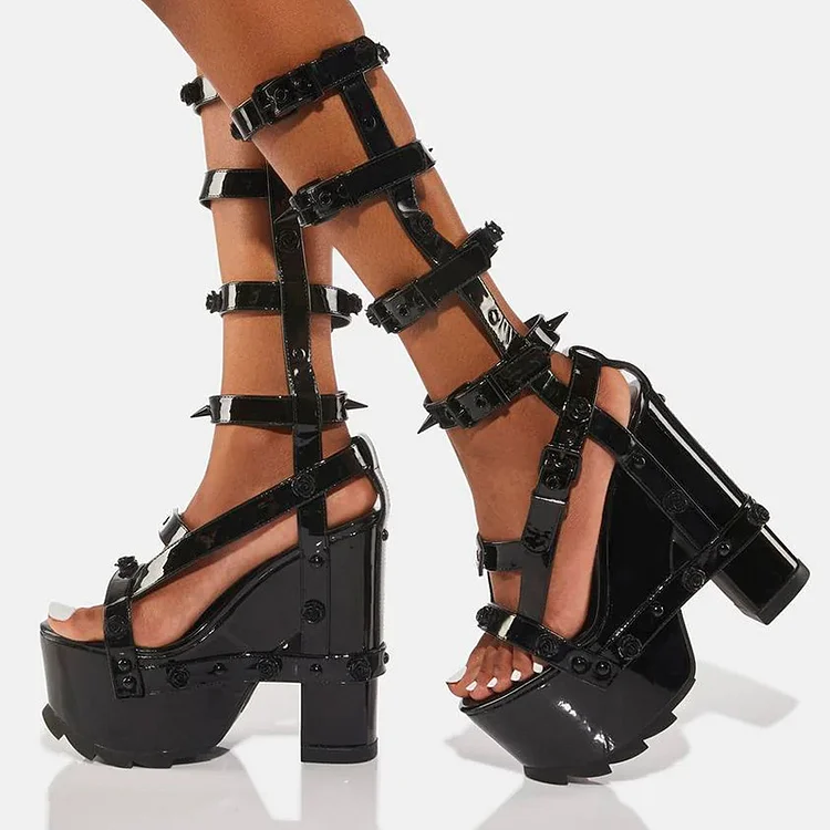 Women's Platform Strappy Shoes Patent Chunky Heels Gladiator Sandals |FSJ Shoes