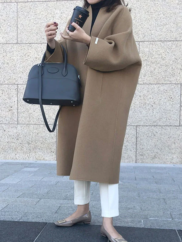 Elegant Collarless Woolen Coat: Long-Sleeved, Loose Fit, and Timelessly ...