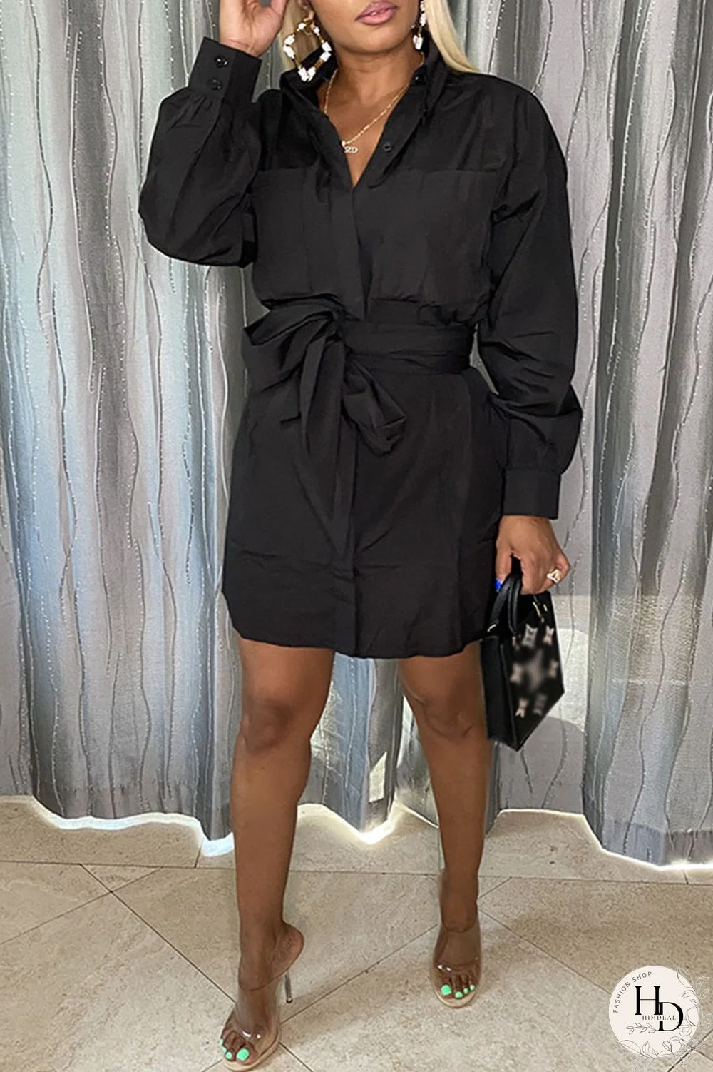 Black Casual Solid Pocket With Belt Turndown Collar A Line Dresses