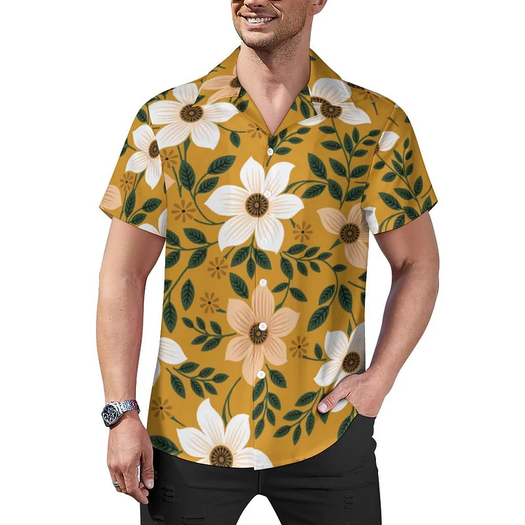 Yellow Traditional Flower Cuban Guayabera Beach Shirt Men Summer Tropical Casual Aloha Hawaiian Tops - Heather Prints Shirts