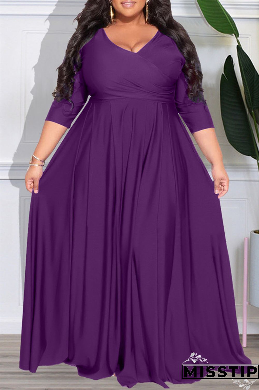 Dark Purple Casual Solid Patchwork V Neck Long Sleeve Plus Size Dresses
