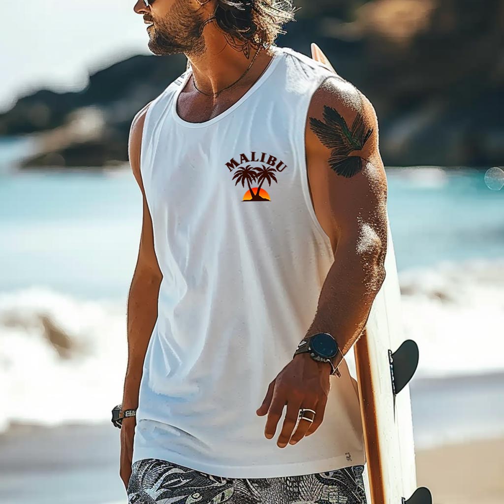 Men's Vintage Palm Tree California Surfing Graphic Print Round Neck Sleeveless Muscle Tank Top / TECHWEAR CLUB / Techwear
