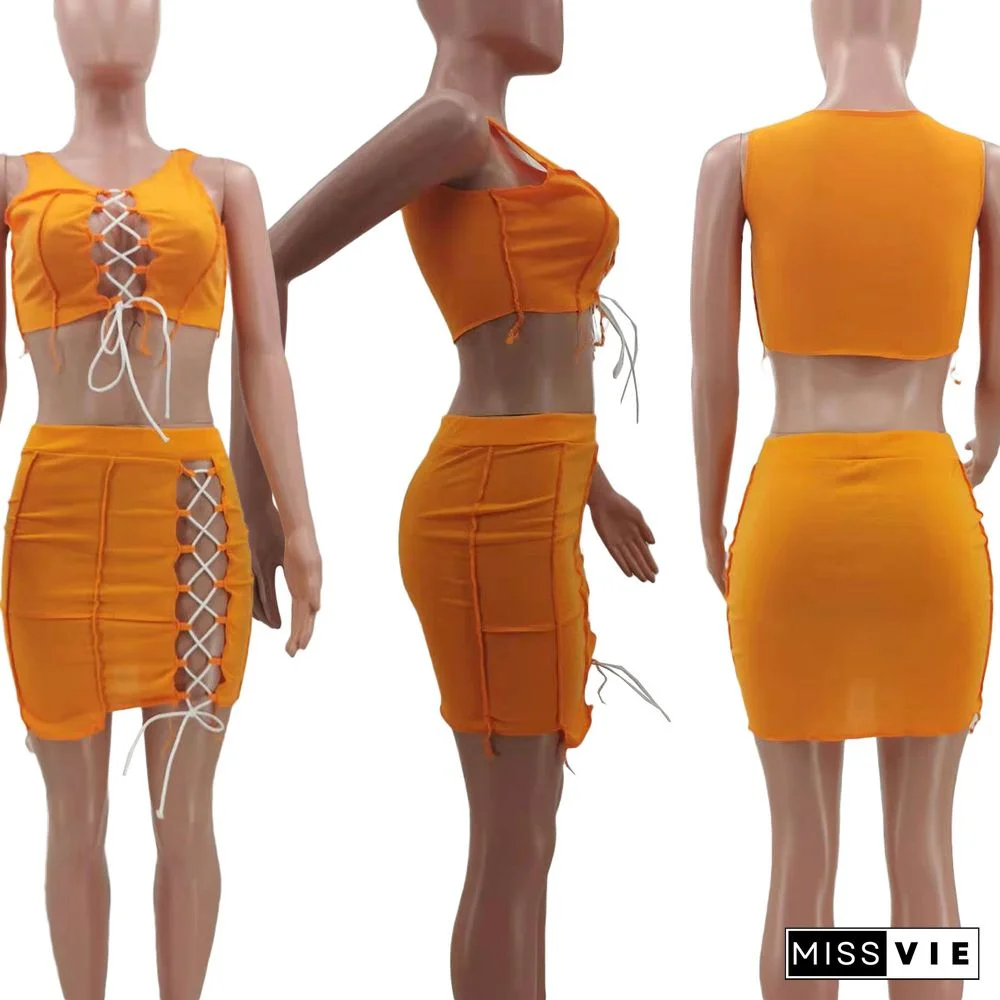 Women Lace Up Sexy Crop Tops Mini Skirts 2 Piece Matching Set